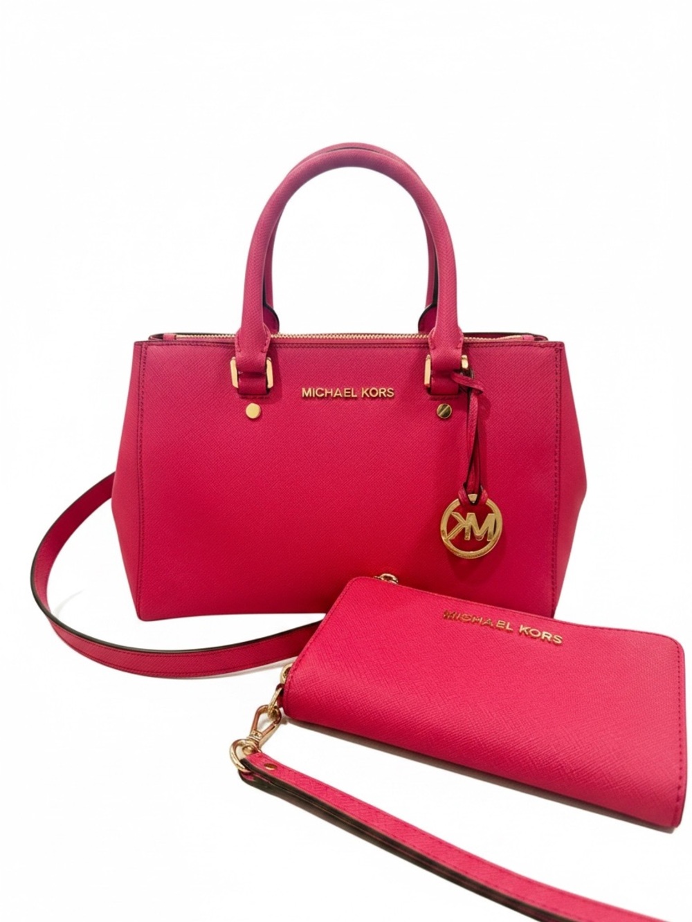 Michael Kors Raspberry Saffiano Leather SELMA Satchel matching wallet 2014
